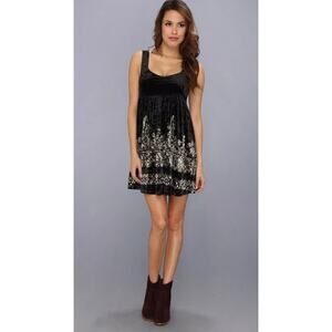 Free People Black Dress, Crushed Velvet Mini, Metalic Sequin Tank, Swing, Size S